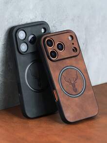 Luxury Retro Deer Head Pattern Faux Leather Phone Case, Compatible With 17/16/15/14/13/12/11 Pro Max Plus, Supports Magnetic Wireless Charging, Suitable For 17 Pro Max, Rounded Corners, Shock-Absorbing Protective Cover Gift - Black - View 5