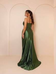 Elegant, Sexy, Satin, Strapless, Maxi Party Dress With Side Slit And Tie At The Back, Ideal For Bridesmaid/Smart Casual Attire/Wedding Guest/Graduates/Formal Occasions - 橄欖綠 - 查看 3