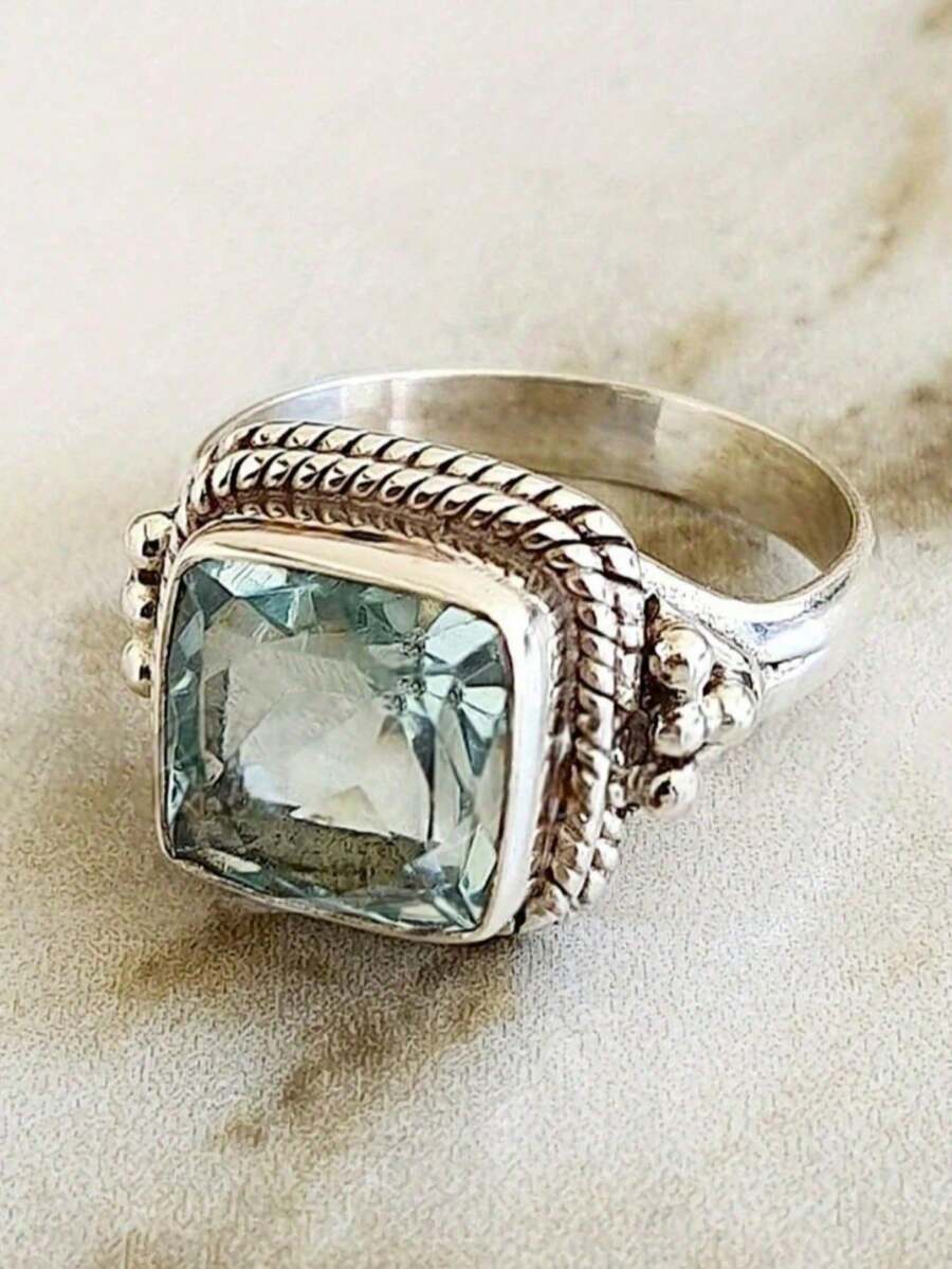 1pc Vintage Charm Blue Cubic Zirconia Ring, Women's Silver Birthstone Ring, Wedding Engagement Promise Ring, Birthday & Valentine's Day Gift - Silver - View 1