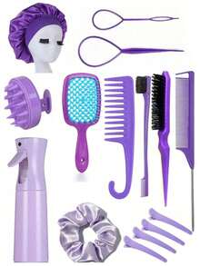 15 件粉色美发工具套装 - 包括缎面帽、喷雾瓶、宽齿梳、边缘刷、发夹、头皮按摩器、弹力发圈等 - 适合女性、女孩、卷发、辫子和日常造型的完整护发配件套装