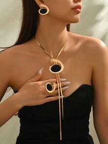 4pcs/Set Summer New Creative Long Tassel Y-Shape Floral Fashion Minimalist Elegant Versatile Necklace & Earrings Set - Golden Comma - View 1