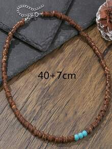 KWHY 1pc Fashionable Retro Stainless Steel & Turquoise Beaded Necklace, Suitable For Men's Daily Wear