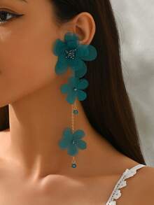 1对薄荷蓝布艺花朵长耳环，适合日常佩戴（珠子颜色随机） - 薄荷藍 - 查看 3