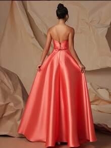 VIPGIRL - Charming Strapless Coral Satin Evening Gown, Mesh Details, High Slit Design - Elegant Formal Ball Gown, Suitable For Special Occasions - Orange - View 2
