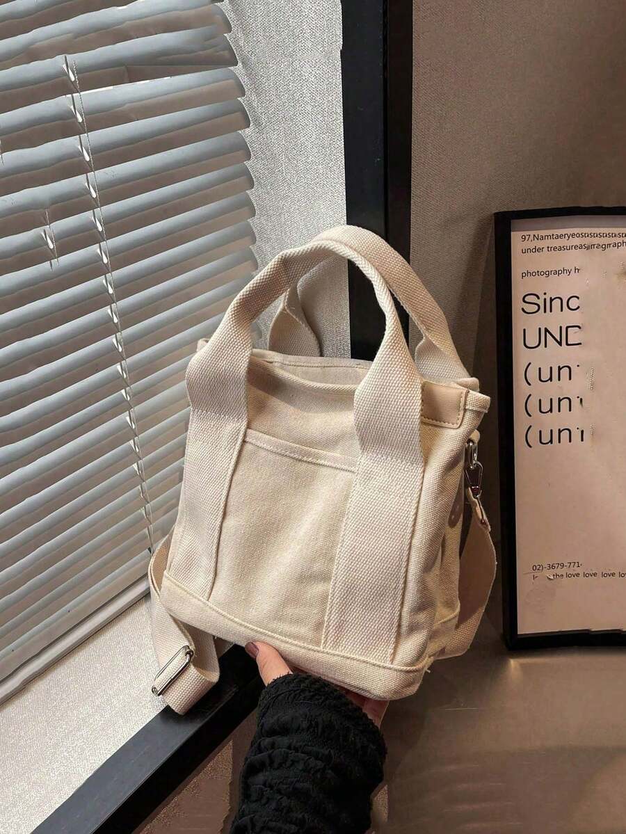 2025 时尚休闲帆布宽肩带斜挎包 - 米色 - 查看 1