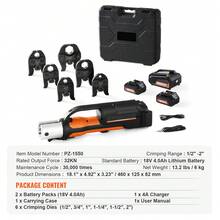 Herramienta de prensado  Pro, herramienta eléctrica de 18 V para tubos de cobre de 1/2" a 2", kit con 6 mordazas profesionales, 2 baterías de 4 Ah, cargador rápido y estuche de transporte. - 1/2" a 2" - Ver 7