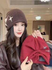 1pc Women's Star Cuffed Drawstring Adjustable Knit Beanie Hat, Autumn/Winter Fashion Warm Ear Protection Comfortable Turban Cap, Suitable For Daily Wear, Gift - A - View 2