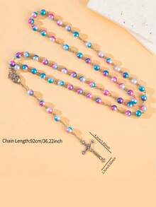 1pc Handmade Multicolor Beaded Cross Necklace, Rosary, Virgin Mary Medal And Jesus Cross Pendant