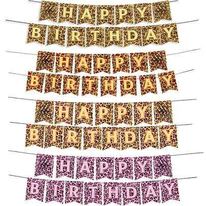 Cheetah Happy Birthday Banner Leopard Print Birthday Supplies Shower Jungle Pink Jungle Hunting Animals Birthday Party Decorations