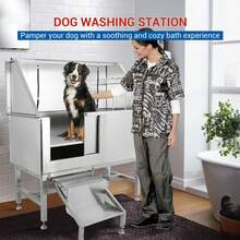 50'' Plateado Tina de Baño Profesional para Perros con Escalera Retráctil de Acero Inoxidable Bañera para Mascotas Puerta Izquierda para Perros Pequeños y Grandes - Plateado - Ver 6