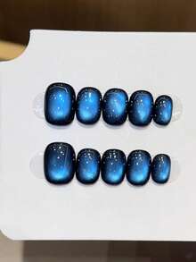 10片手工按压式美甲贴片，短椭圆形，皇家蓝，Y2K极简柔和风格，纯色猫眼，细闪，适合女性和女孩，秋冬季节，节日，圣诞派对，日常美甲用品 - 寶藍色 - 查看 2