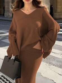 Knit Mix Elegant Women's Chic Knitted Sweater Set, Casual Loose-Fitting Long Sleeve Top & Skirt Two Pieces, Perfect For Fall Winter Fashion,Suitable For Christmas, Thanksgiving, And New Year