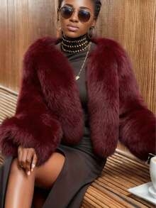 酒红色女士时尚优雅派对仿皮草外套，秋冬季法式高端蓬松短款大衣，复古设计，适合圣诞节、感恩节、新年、日常街头风、时尚晚宴、派对等场合。 - 酒紅色 - 查看 1