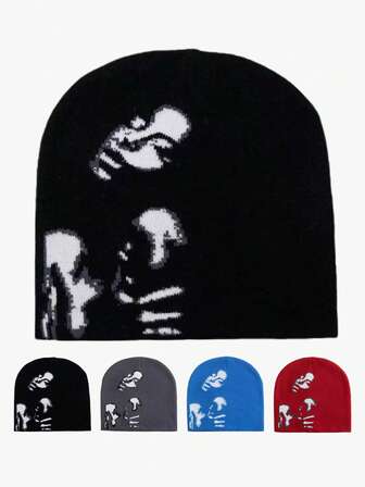 2pcs/1pc Men's Geometric Pattern Casual Cute Elegant Street Chic Acrylic Jacquard Y2K Knit Hat, Everyday Wear