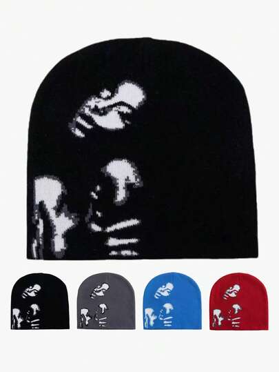 2 件/1 件男士几何图案休闲可爱优雅街头时尚亚克力提花 Y2K 针织帽，日常穿着