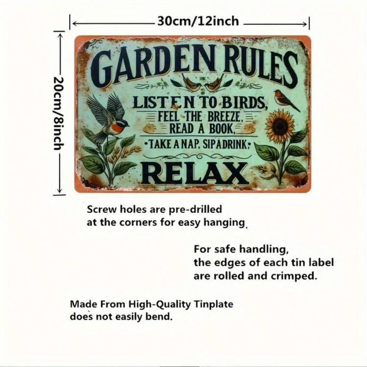 2D Flat, Antique Garden Rules Metal Sign - 20.32x30.48 Cm Rustic Iron Wall Art With Vintage Bird & Floral Design, Country Style Inspirational Outdoor/Indoor Decor For Garden, Bedroom, Patio - No Batteries Needed, Holiday Home Decoration, Garden Decor, Indoor Signage, Bohemian Style Decor, Weathered Finish, Farmhouse Aesthetic, Flat Craft Effect, Decorative Plaque, Farmhouse Lovers, 2D Flat - Multicolor - View 6