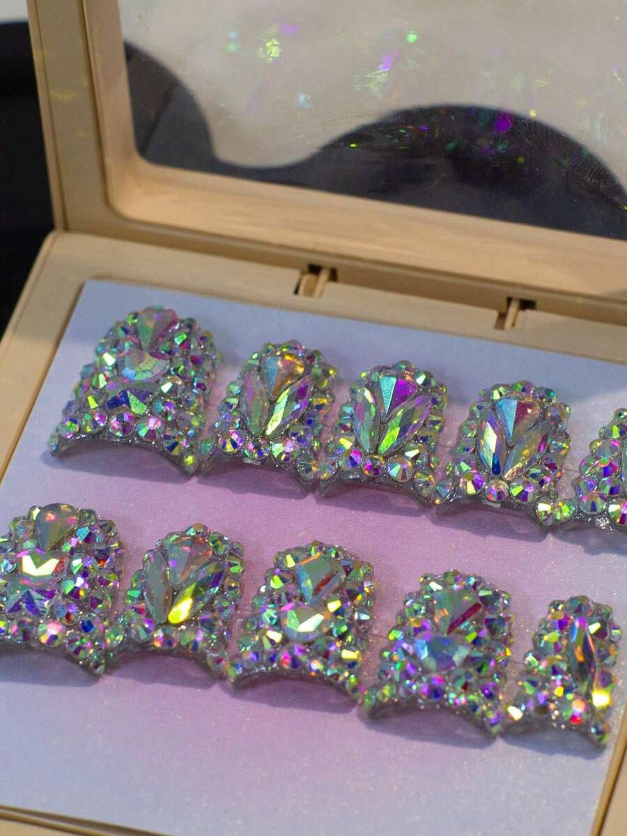 10Pcs Y2K Short Duck Press On Nails With Full Crystal Elements, Handcrafted Spring Summer Nails, Shiny Crystals, Transparent Accents, Perfect For Parties, Casual Wear, Tool Kit Included Summer Easter - trắng - Xem 1