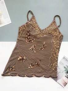 Women Y2k Fairy Sequin Butterfly Cami Tops Sleeveless Spaghetti Strap Mesh Sheer Crop Tank Tops See Through Camisole Summer Slim Fitted Shirt Vintage Aesthetic Clothes 2000S Streetwear - 咖啡棕 - 查看 3