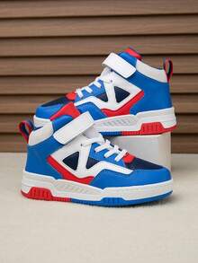 1 par de zapatillas deportivas de caña alta para niños, de piel sintética (PU), para uso interior/exterior, calzado casual y de running, de fácil calzado, antideslizante, transpirable, cómodo, diseño de colores patchwork, calzado deportivo unisex de moda