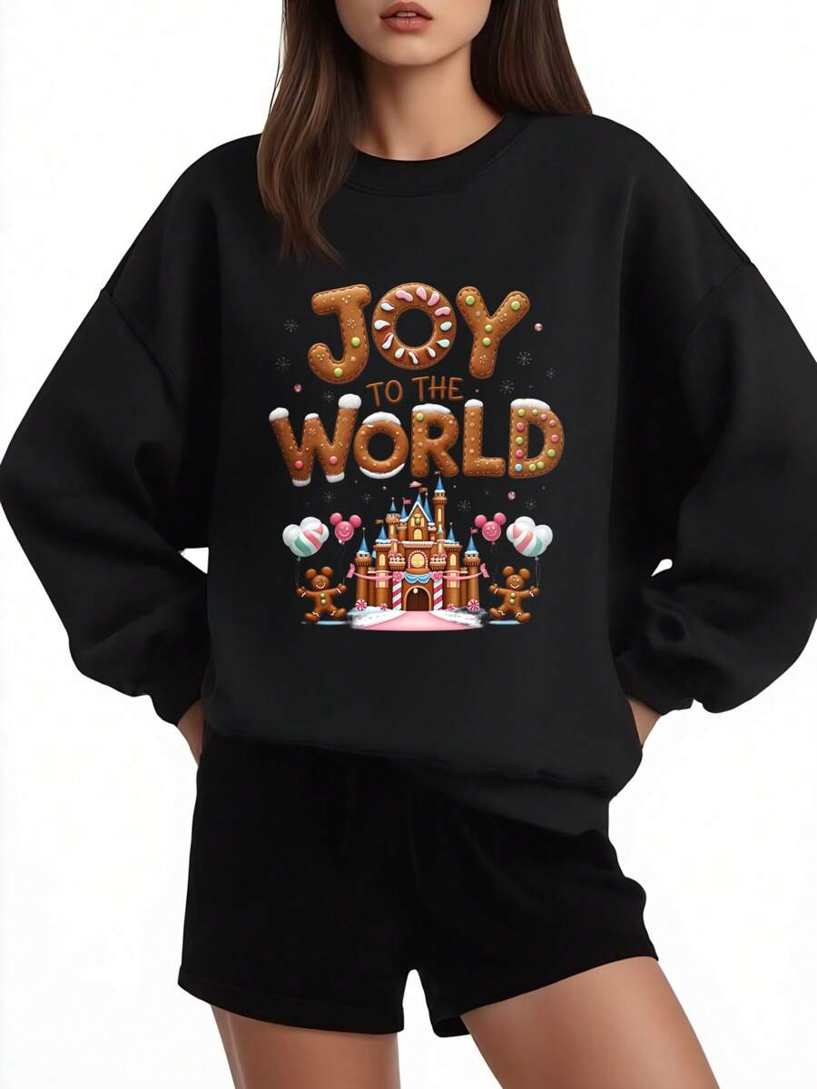 Oversized Sweatshirt Black Joy To The World Gingerbread Castle Mickey Mouse Christmas Holiday Design Women Casual Wear - màu đen - Xem 1