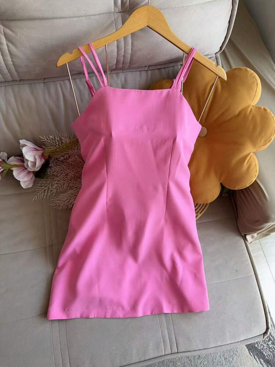 Short Dress With Two Straps, Tailored, Women's Fashion. - Baby Pink - View 1