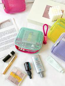 Women's Square Mesh Cosmetic Bag Dopamines Color Toiletry Organizer With Removable Handle And Zippered Closure For Travel - 淺綠色 - 查看 5