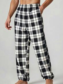 男士格子印花休闲直筒睡裤三件套，透气宽松抽绳腰带运动裤，带口袋，弹性舒适长裤，多色套装 - 彩色 - 查看 6
