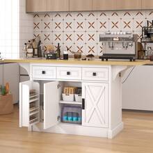 71.3" Large Kitchen Island With Drop Leaf, Kitchen Rolling Island Cart W/ 3 Solid Drawers, Island Table With Trash Storage Cabinet & 3 Large Storage Rack, Spice Rack, Black - trắng - Xem 4