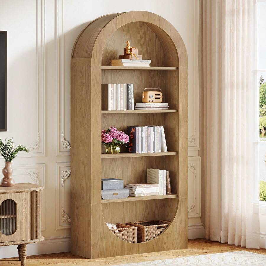Tribesigns Bibliothèque de 180 cm de haut, étagère incurvée à 5 niveaux avec compartiments ouverts, meuble de rangement en bois autoportant pour salon, bureau ou chambre. - Tabac - Voir 1