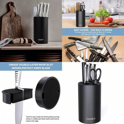 Knife Block Holder Universal Knife Block Without Knives Unique DoubleLayer Wavy Design Round Black Knife Holder For Kitchen Space Saver Knife Storage With Scissors Slot