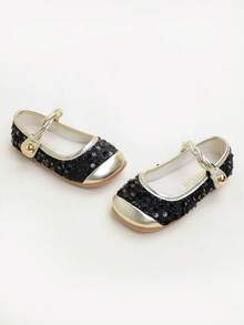 1 Pair Cute, Sweet, Elegant Sequin Patchwork Mary Jane Flat Shoes For Girls, Suitable For School, Commuting, All Seasons - Black - View 4