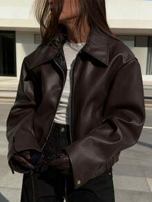 Zippered Pockets - Winter Coat With Full-Length Zipper, Golden-Tone Hardware, Casual To Formal Outerwear For Everyday & Special Occasions, Coat For Women (Pink/) - Autumn/Wi   Women'S Red Faux Jacket With Full-Zip Front Closure, Full-Zip Front - màu nâu - Xem 1