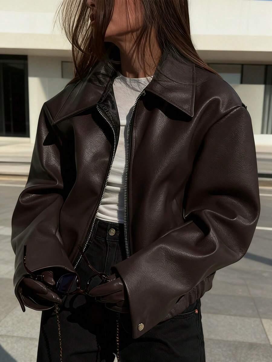 Zippered Pockets - Winter Coat With Full-Length Zipper, Golden-Tone Hardware, Casual To Formal Outerwear For Everyday & Special Occasions, Coat For Women (Pink/) - Autumn/Wi Women'S Red Faux Jacket With Full-Zip Front Closure, Full-Zip Front - màu nâu - Xem 1