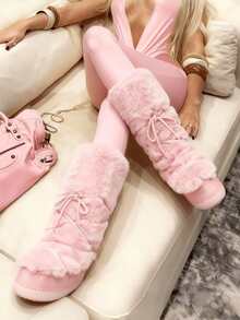 Knee High Boots For Women,Fuzzy Flat Round Toe Rhinestone Lace-Up Slip On Warm Shoes Winter Outdoor Party Chirstmas And Halloween Snow Boots - Hồng - Xem 4