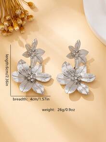 1 Pair Bohemian Style Zinc Alloy 3D Flower Stud Earrings With Faux Gemstone Center, Suitable For Daily Wear And Vacation - Silver Earrings - View 5
