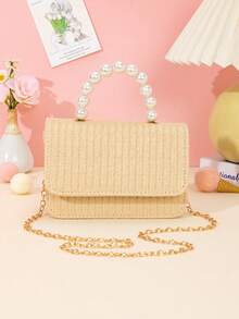 1 pieza Bolso de mano con textura de paja falsa de unicolor con perlas, bolso cruzado con cadena de metal, adecuado para salidas, regalo de cumpleaños, regalo de vacaciones