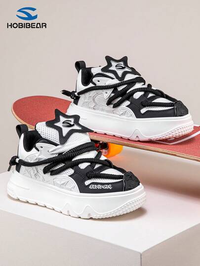 HOBIBEAR Men's Casual Skateboard Shoes, Fashion Thick-Sole Color Block Sneakers With Star Decor, Low-Top Round Toe, Suitable For Skateboarding And Outdoor Sports