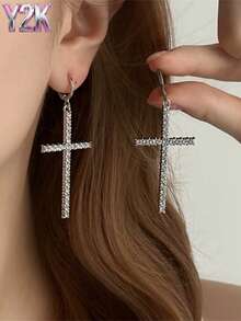Brincos de Cruz Cheios de Diamantes Exagerados Y2K, Um Par de Brincos de Cruz, Brincos Sexy de Menina Y2K, Acessórios de Festa, Presentes de Festa.