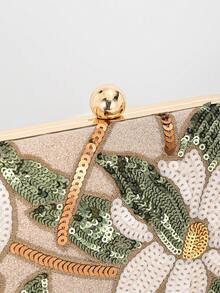 Elegant Shiny Multi-Color Leaf & Floral Patchwork Crossbody Clutch Bag,  Wedding, Randomly Patterned,Bride - Gold - View 6