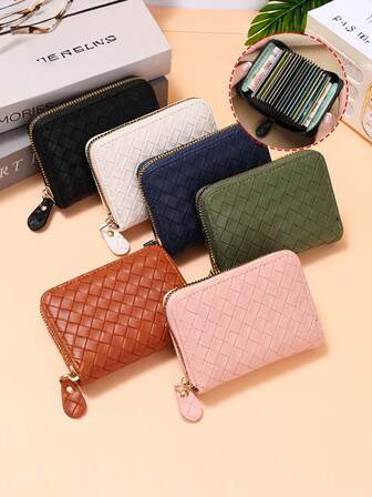 1个创意新款时尚PU皮革编织风琴卡包，简约便携，多卡位防盗，可作零钱包，可收纳银行卡、身份证、会员卡、驾驶证、名片、票据、硬币、钥匙等物品，适合作为情人节礼物、圣诞礼物、同学礼物、教师礼物、纪念品。