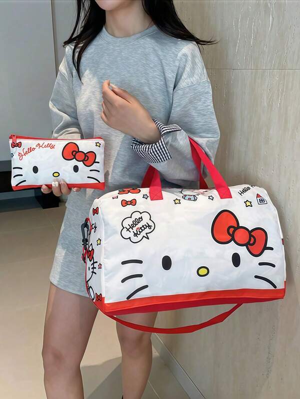 Sanrio Sanrio 2pcs Hello Kitty Roller Travel Bag/Cosmetic Bag Set; Kurumi Short Trip Travel Luggage Bag; Melody Large Capacity Gym Bag; Large Capacity Handbag With Cute Anime Decorations; Shoulder Bag/Storage Tote Bag; Travel Gift (Some Patterns Are Random); Hello Kitty Bag; Anime, Bohemian Style, Cat Cartoon Character Katie; Large Capacity, Multifunctional; Campus Travel Sports Bag; Fashion Bag