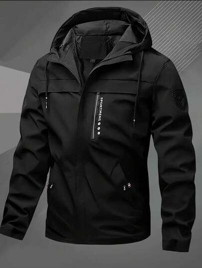 İlkbahar ve Yaz İçin Uygun Hafif Kapüşonlu Erkek Ceket - Bağcıklı, Fermuarlı Cepli ve Ayarlanabilir Manşetli Siyah Polyester Dış Mekan Ceketi, Bisiklet, Yürüyüş ve Günlük Giyim İçin Harika