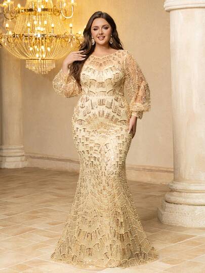  UNITHORSE Plus Women's [Random Cut] Round-Neck Lantern Sleeve Extravagant Sparkling Beaded Sequin Beaded Formal Dresses & Evening Gowns Dress Perfect For Weddings Graduation Dresses Party Dresses Award Ceremonies