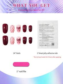 24 piezas Uñas postizas blancas con diseño de lazo corto y ovalado, de ajuste perfecto. Incluye: 1 pieza de pegamento de gelatina y 1 pieza de lima de uñas. Uñas de punta francesa para uso diario y de fiesta, ideal para el Día de San Valentín.