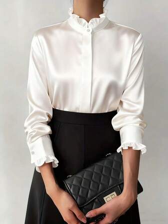 Women's Elegant White Casual Lantern Sleeve Shirt - Mandarin Collar Half-Placket Non-Sheer Blouse, Machine Washable Solid Color Versatile For All Seasons, Refined Textured Design, Suitable For Office Or Everyday, Solid Color Ruffle/Frill Button