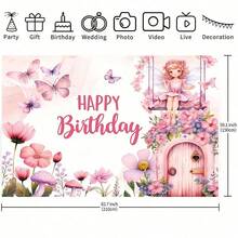 1 Pc Floral Fairy Birthday Party Banner, Spring Fairy Tale Pink Butterfly Floral Pattern Photography Background, Happy Birthday Banner, Suitable For Birthday Party Decorations, Cake Table Decorations, Home Garden And Living Room Decorations, Indoor And Outdoor Home, Garage, Yard Sign Decorative Supplies.