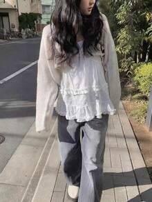 女士短款针织开衫披肩外套 - 杏色 - 查看 4