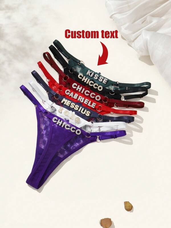 Customized Letter Lace Thong Panties, Personalized Crystal Decorated Thong, Sexy Bikini Lingerie, Unique Gift For Friends, Partners Or Girlfriends On Valentine's Day, Christmas, Halloween, Thanksgiving, Birthday Or Anniversary,Pajama Set ,Breathable, Mother Day Gift, Lingerie For Women
