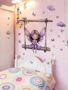 1pc Multi-Size PVC Removable Wall Sticker, Featuring Elegant Purple Fairy, Butterfly Bouquet, Girl Silhouette With English Letters, Cute Fairy On Swing, Clouds And Hearts Decor, Suitable For Bedroom, Living Room, Study, Dining Room, Bathroom, Home Wall Decoration - Multicolor - View 2