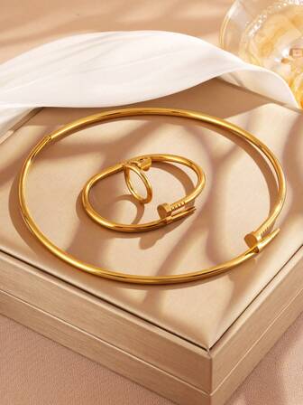 3pcs Women Stainless Steel Heart Necklace Bracelet Ring Jewelry Set, Waterproof & Fade-Resistant, Suitable For Daily Wear